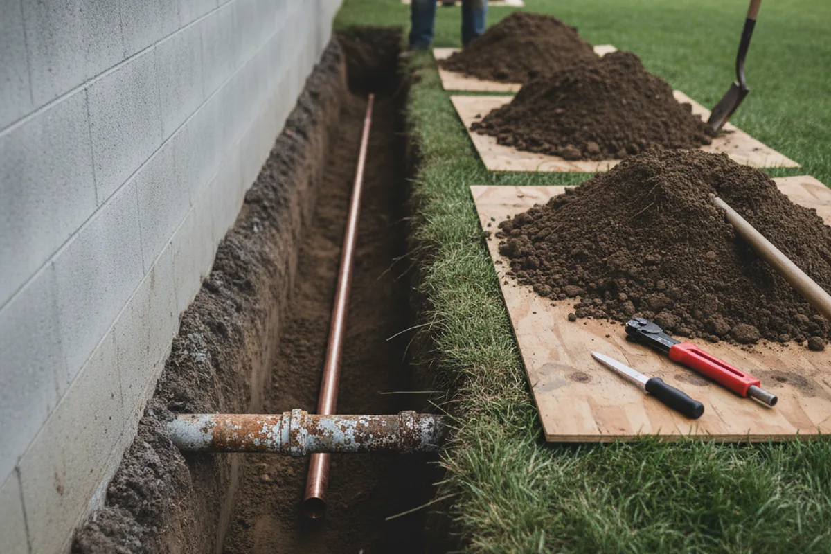 Excavated water line trench during Water Heater Repair in South Rockwood